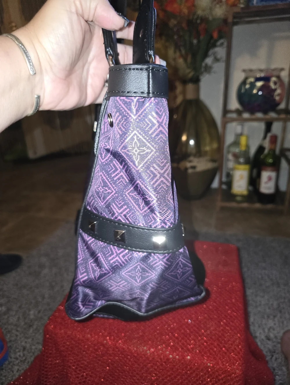 Purple/Black/Pink Skull Kitty Tote Bag with Studded Straps - Picture 7 of 15